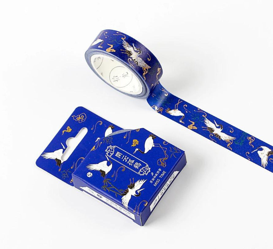 Asian Style Oriental Chinese Japanese Korean Washi White and Blue Tape with Cranes